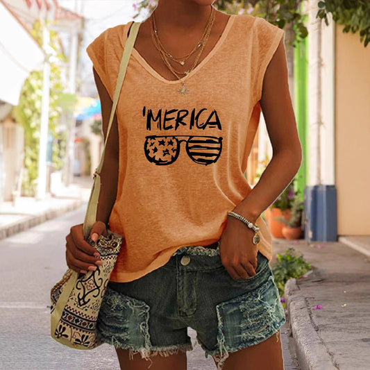 Summer Casual Top Women's Glasses Flag Letters