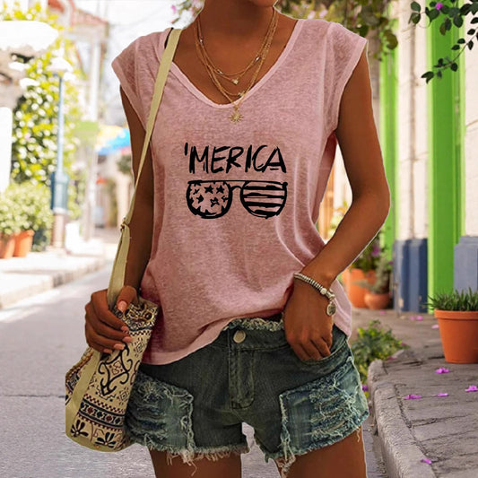 Summer Casual Top Women's Glasses Flag Letters