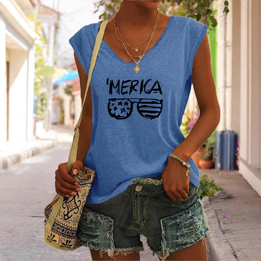 Summer Casual Top Women's Glasses Flag Letters